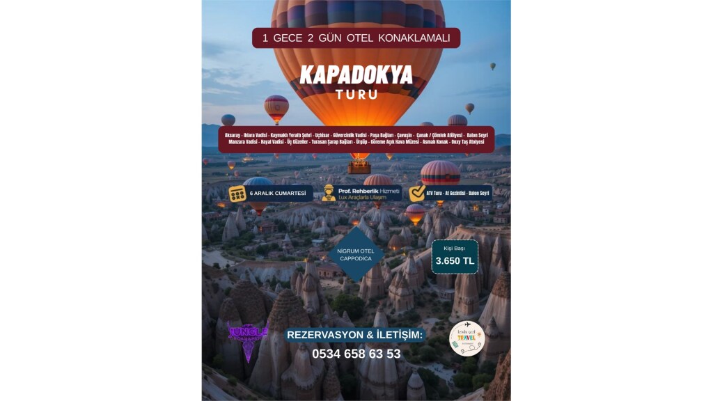 1 Gece 2 Gün Konaklamalı Kapadokya Turu