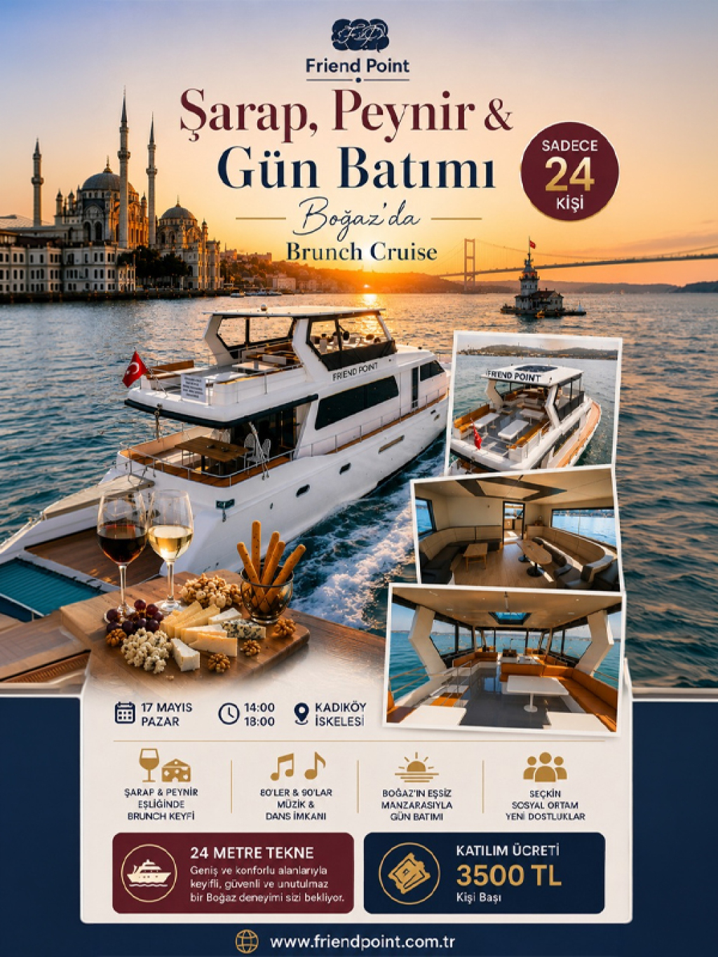 Boğaz'da Brunch Cruise Tekne'de Şarap, Peynir, Gün Batımı